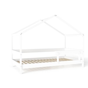 May include: White wooden house-shaped bed frame with a slatted mattress and a top shelf.