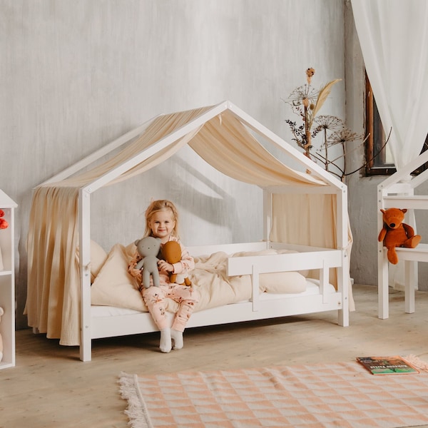 YappyHytte Montessori lit cabane pour tout-petit avec barrière de protection, BLANC