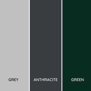 May include: Five color swatches showing different wood finishes: white, grey, anthracite, green, and natural.