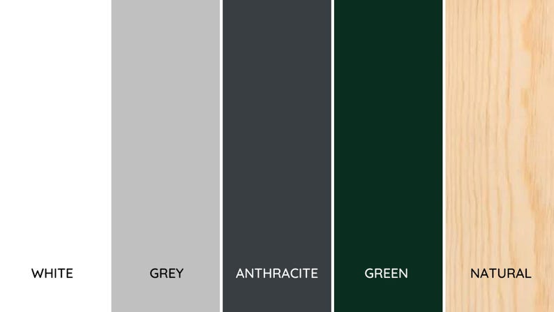 May include: Five color swatches showing different wood finishes: white, grey, anthracite, green, and natural.