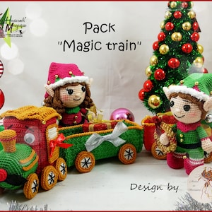 Puede incluir: Un conjunto de tren de Navidad de crochet con dos elfos. El tren es verde, rojo y amarillo con un vagón rojo. Los elfos llevan atuendos verdes y rojos. El conjunto se titula "Pack "Magic train"".