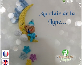 Häkelanleitung, Muster, Amigurumi, Aufhängung für Kinderzimmer, Kind: Au Clair de la Lune... / Im Mondlicht