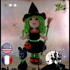 Crochet pattern, amigurumi pattern, amigurumi doll : Kathy the kind witch and her cat Kitty