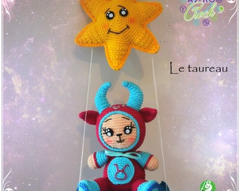 Tutorial, pattern, model, crochet doll, amigurumi, cuddly toy: the Astro Croch' le Taurus and its star swing