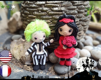 Handledning, mönster, virkmodell, amigurumi: Beetlejuice och Lydia