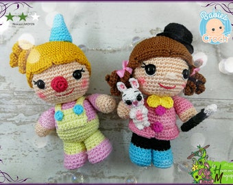 Tutorial, pattern, crochet pattern, amigurumi: crochet babies Maggu the magician and Daria the clown