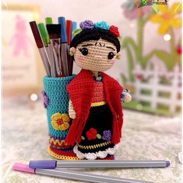 Tutorial, pattern, crochet pattern, amigurumi: the Frida Kahlo pencil holder