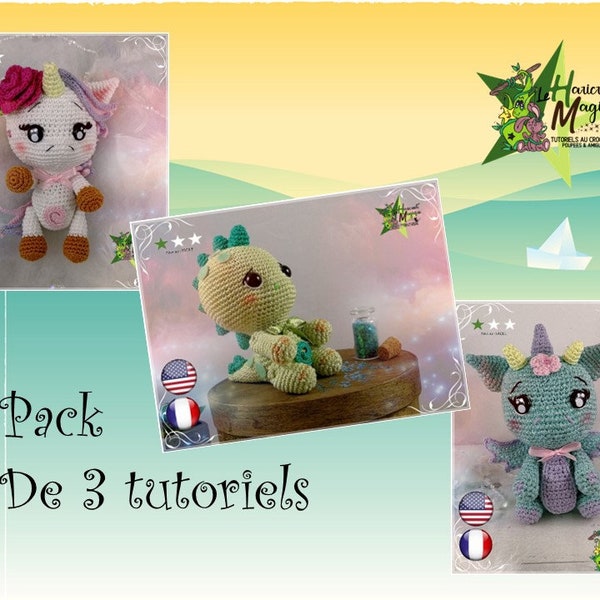 Pack of 3 crochet tutorials, amugurumi: Nico the dino, Noélie the unicorn and Dénérisse the dragonne