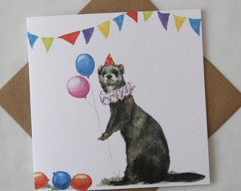 Clown, Birthday Card, ferret cards, pets cards, ferret lover cards, ferret greeting cards