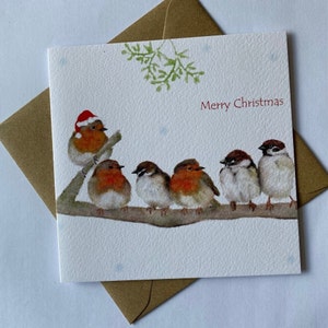 Sous le gui, carte de Noël Oiseaux