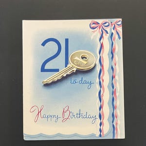 Könnte beinhalten: Geburtstagskarte mit einem Schlüssel, der Zahl 21 und dem Schriftzug "Happy Birthday". Die Karte hat einen blau-weißen Hintergrund mit roten, weißen und blauen Bändern. Der Schlüssel ist silberfarben.