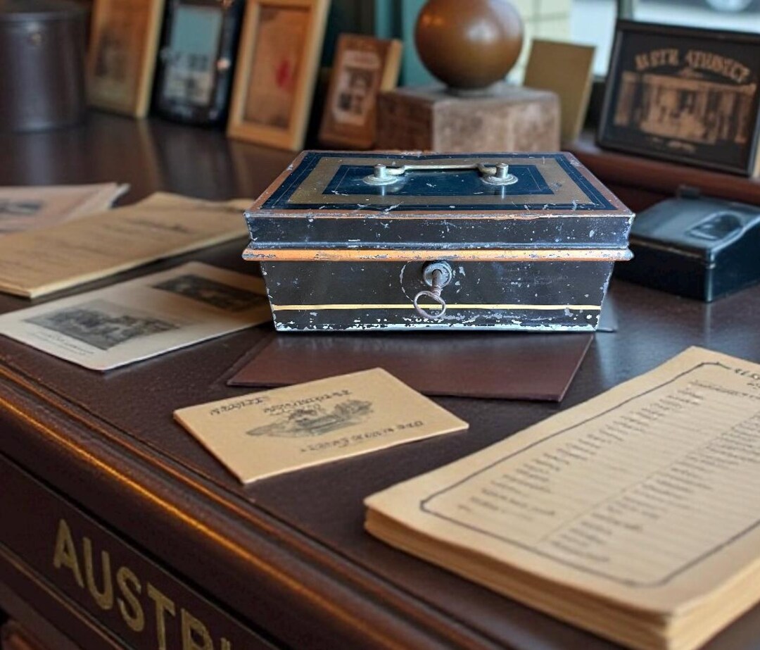 Antique Black & Gold Cash Box With Brass Hardware, Lock and Key ...