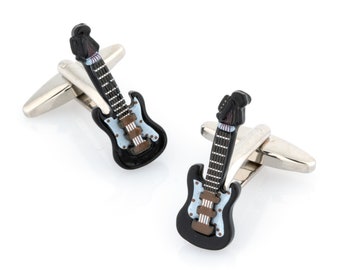 Black Electric Guitar Design Cufflinks with Personalised Engraved Chrome Case