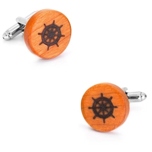 Round Wood Ship&#39;s Wheel Cufflinks