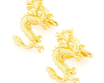Boutons de manchette dorés dragon chinois porte-bonheur