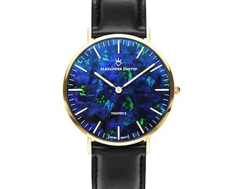 54181.0 - Vintage Australian Opal Watch: Gold Rim, Black Leather