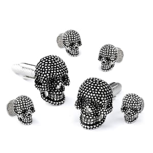 Black Dotted Silver Skull Cufflinks & Stud Set