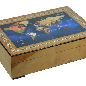 World Map Burl Wooden Watch Box for 6 Watches + Jewellery