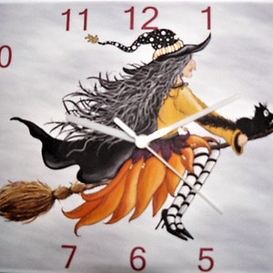 witch  wall hanging clock witch on broomstick black cat, clock ,wall clock