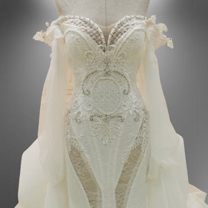 Unique Illusion Panel Design Beaded Mermaid Wedding Gown With Detachable Train