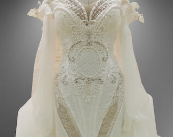 Unique Illusion Panel Design Beaded Mermaid Wedding Gown With Detachable Train