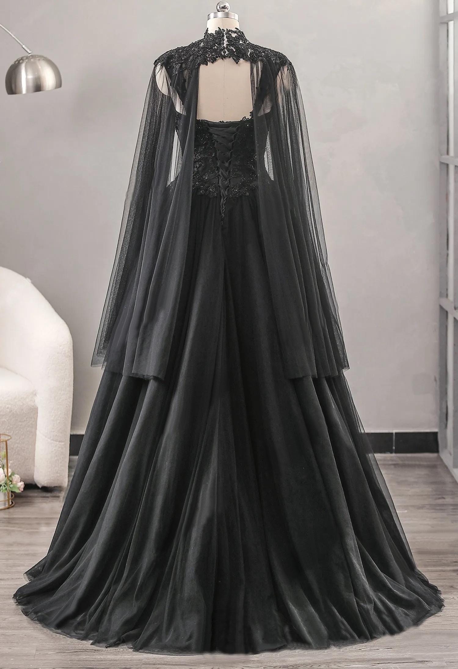 Stunning Gothic Alternative Black Lace Wedding Dress With Matching Cape ...