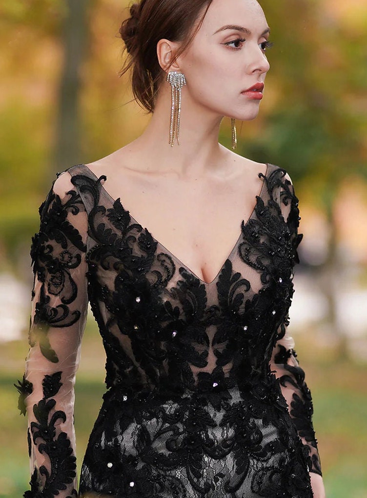 Black mermaid dresses with sleeves hot sale