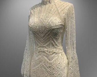 Breathtaking Sparkling Fully Beaded Mermaid Wedding Gown With High Neck