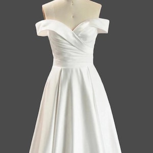 Simple Satin Bardot Neckline Bridal Dress With Pockets and A Line Box Pleated Skirt
