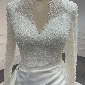 Bespoke White Pearl and Satin High Neck Illusion Plunge Wedding Gown Detachable Satin Train