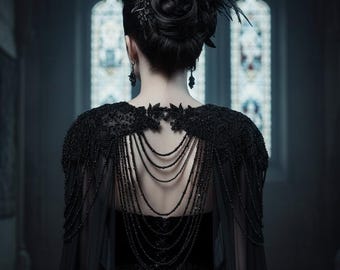 Beaded Bridal Cape Veil - Gothic Wedding Shoulder Jewelry, Black or Ivory