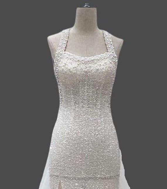 Sensational Sparkling Fit And Flare Wedding Dress With Leg Split Detachable Floral Train Sensational Sparkling Fit And Flare Wedding Dress With Leg Split Detachable Floral Train