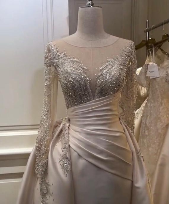 Champagne Long Sleeves Tulle Beading Detachable Train Formal Prom Dress Champagne Long Sleeves Tulle Beading Detachable Train Formal Prom Dress
