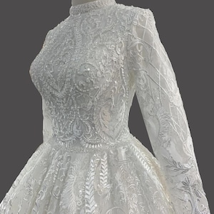 Elegant High Neck Full Coverage Lace A Line Wedding Gown With Long Sleeves Muslim Bridal