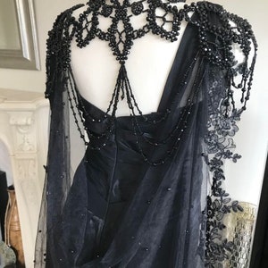 Dramatic Black Beaded Vintage Boho Gothic Style Lace Edge Cape Veil/Wedding Shoulder Jewelry Cape