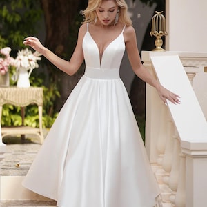 Satin Tea Length A Line Wedding Dress With illusion Plunge & Spaghetti Straps