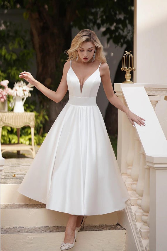 Satin Tea Length A Line Wedding Dress With Illusion Plunge