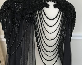 Impresionante capa de velo de estilo gótico bohemio vintage con cuentas negras o marfil/capa de joyería para hombros de boda