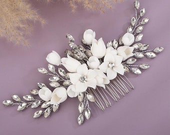 Exquisite handgemachte Keramik Blumen & Strass Braut Brautjungfer Hochzeit Haarspange Silber / Gold / Rose Gold