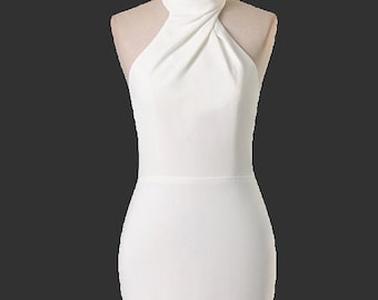 Classic Fitted Crepe Halter Neck Wedding Dress With Low Back