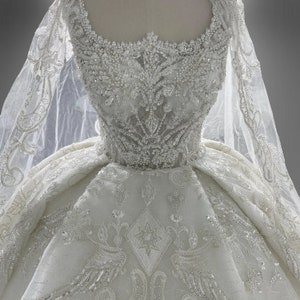 Regal Luxury Beaded Wedding Dress With Detachable Shawl Train