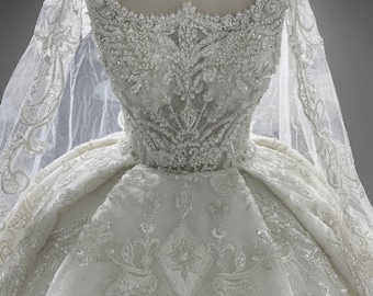 Regal Luxury Beaded Wedding Dress With Detachable Shawl Train