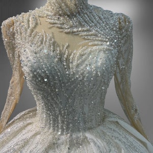 Breathtaking High Neck Sparkling Wedding Gown With Heavy Beading
