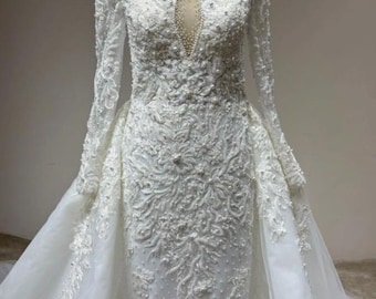 Amazing High Neck Illusion Plunge Lace & Pearl Wedding Gown with Back Train