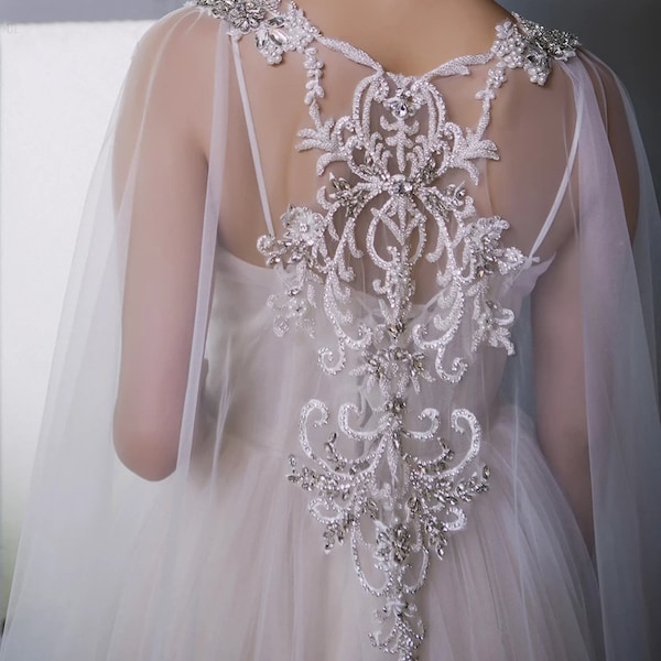 Breathtaking Back Lace Rhinestone & Pearl Boho Style Cape Veil, Vintage Wedding Shoulder Back Jewelry Cape