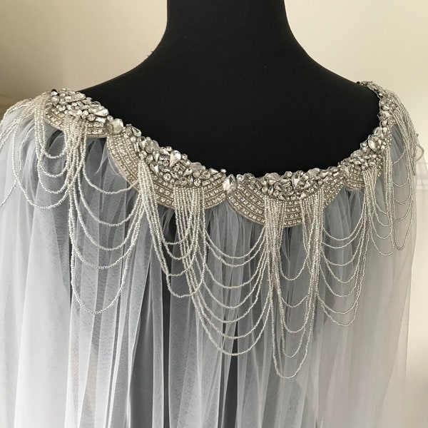 Stunning Rhinestone & Beaded Vintage Boho Style Cape Veil/ Vintage Wedding Shoulder Jewelry Cape