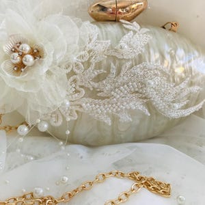 Vintage Style Bridal Clutch Bag With Pearls Organza and Beaded Lace Detail.