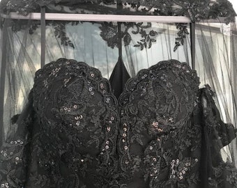 Dramatic Gothic Alternative Black Lace Wedding Dress with Matching Cape