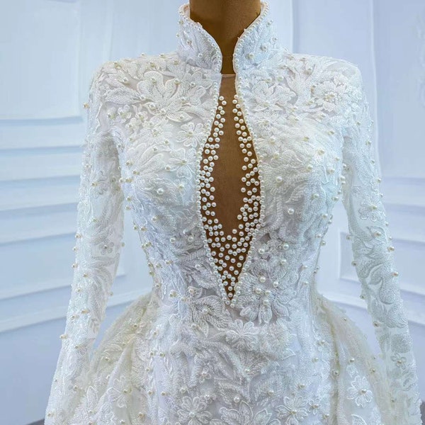 Amazing High Neck Illusion Plunge Lace & Pearl Wedding Gown with Back Train