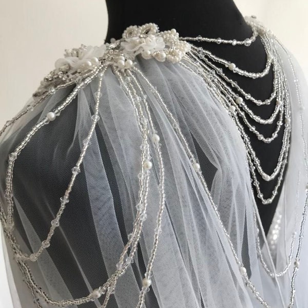 Beautiful 3D Flower Rhinestone & Beaded Vintage Boho Style Cape Veil/ Vintage Wedding Shoulder Jewelry Cape